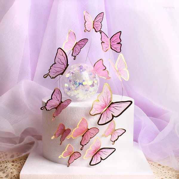 Вечеринка поставляет торт украшение набор розовая фиолетовая бабочка искусственная цветочная красота флаг красоты с днем ​​рождения свадьба