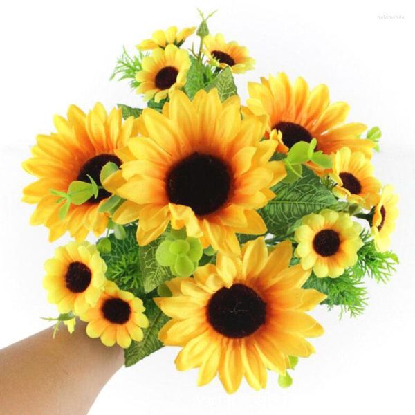 Flores decorativas Belas de girassol Buquê de seda Sun Flower Artificial Head for Home Garden Party Wedding Diy Decoration