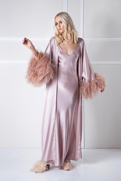 Runway Kleider Straußenfedern Celebrity Kleider Langarm 2 Stück Sexy Braut Pyjama Sets Bademäntel Party Tragen Robes3003