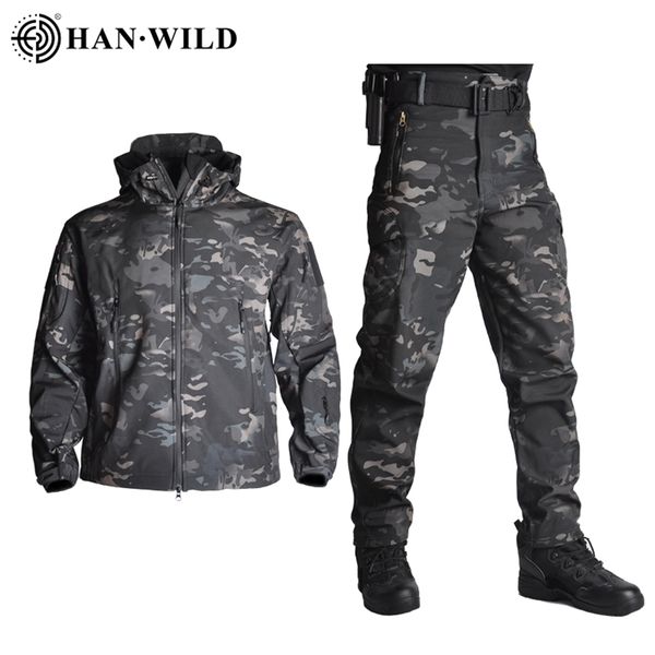 Giacche da esterno Felpe con cappuccio 5XL Abbigliamento tattico Pantaloni Uomo Giacca in pile Esercito antivento Camo Tuta da caccia Giacche a vento Escursionismo militare Soft Shell 220920