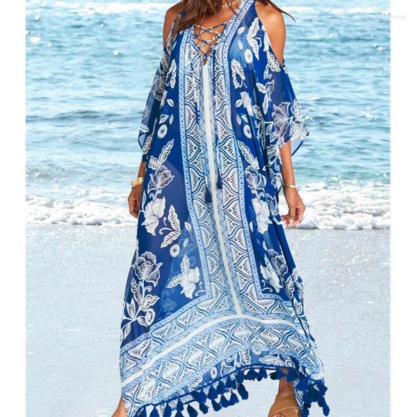 Damenbadebekleidung Damen 2022 Long Beach Cover Up mit Fransenbesatz Frauen Kleid Robe de Plage Vestidos Playa Bikini Pareos Sommer