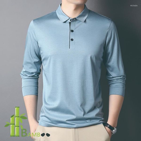 Polo da uomo Camicia in fibra di bambù e misto cotone Maglietta da uomo a maniche lunghe con colletto, morbida e traspirante, senza cuciture, leggera autunnale, blu