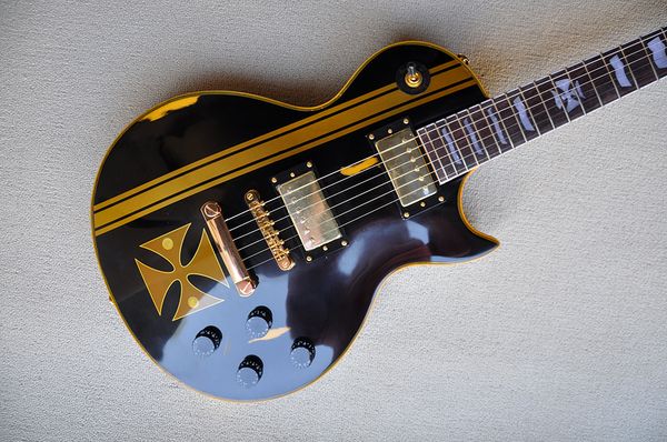 Fabrika özel parlak siyah elektro gitar ile kalıntı tarzı gül ağacı klavye altın hardwares beyaz inci perdesi kakma özelleştirilebilir