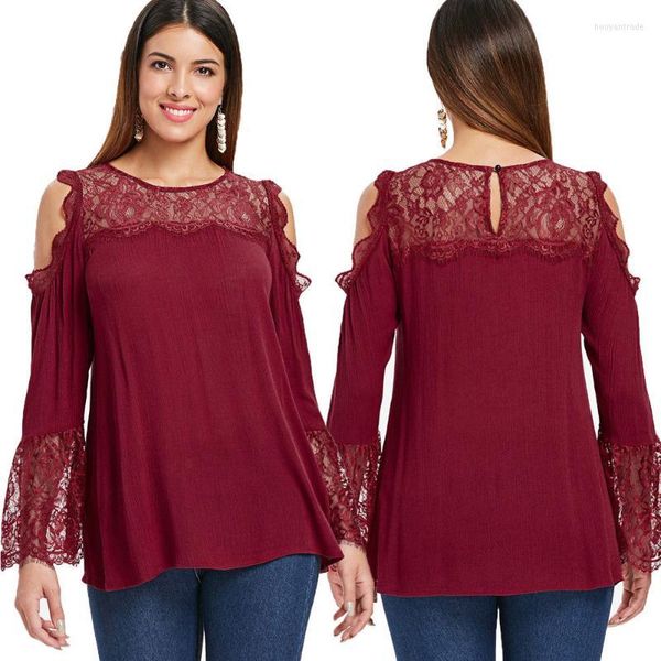 Blouses feminina camisas femininas moda feminina ladrias casuais ombros frios tops reta de renda feminino verão solto de manga longa de topo