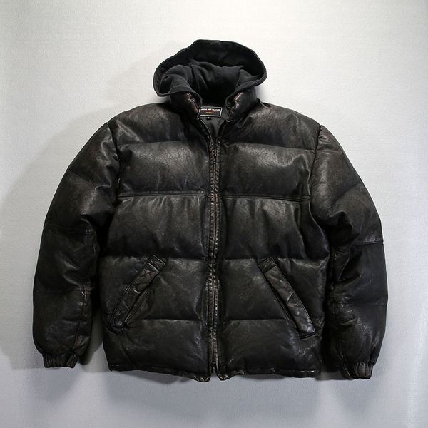 Parkas lavadas com dobras lavadas e enrugadas com capuz PINEAL JET LEATHER genuíno couro de pele de carneiro Vintage broadsheet casaco de inverno