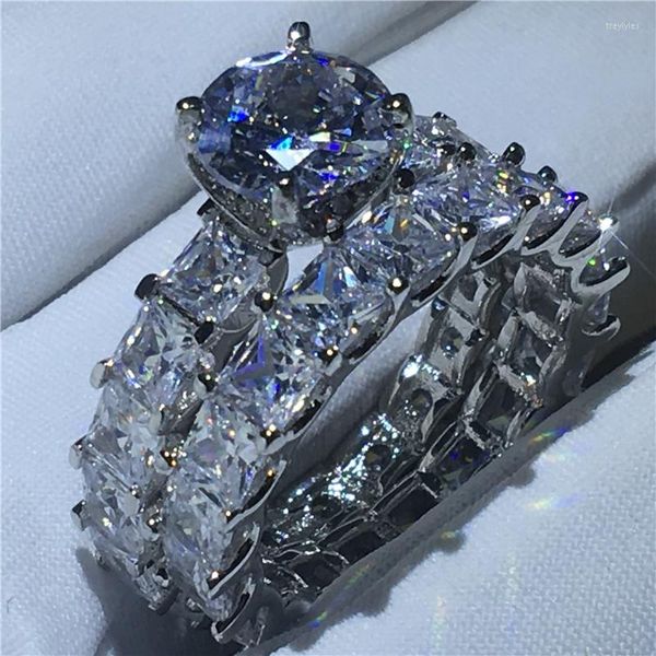 Anelli a grappolo Anello fatto a mano Set da sposa 925 Sterling Silver Princess Cut Sona Cz Fede nuziale per le donne Gioielli con dita