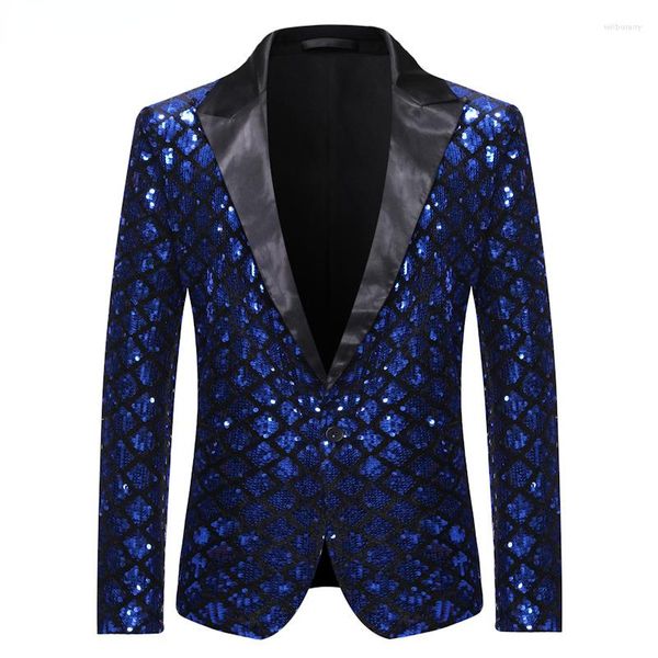Abiti da uomo Royal Blue Paillettes Glitter Impreziosito Blazer Jacket Uomo One Button Shiny Plaid Tuxedo Blazer Mens Nightclub Prom Costumi di scena