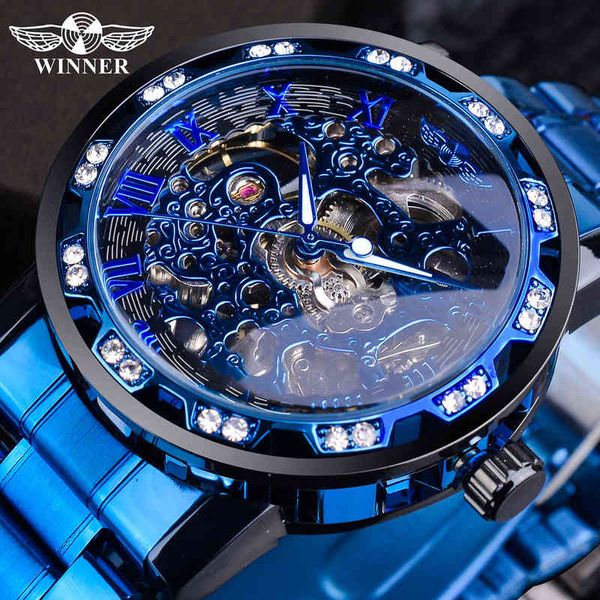 Armbanduhren Gewinner Transparent Diamant Mechanische Blaue Edelstahl Skeleton Uhr Top Marke Luxus Business Leuchtende Männliche Uhr 0921