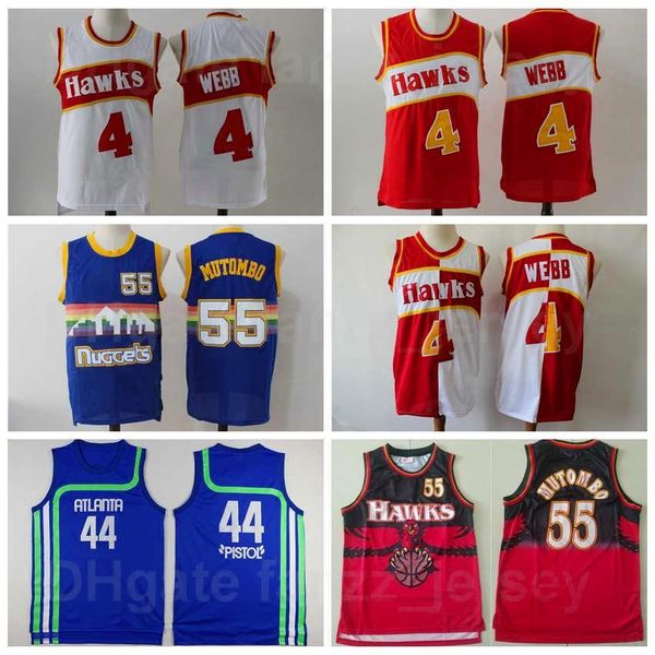 Пользовательский баскетбол ретро Spud Webb Jersey Vintage 4 Pistol Pete Maravich 44 Dikembe Mutombo 55 Embroidery и Sewing Logo Команда Red Blee Blue Color