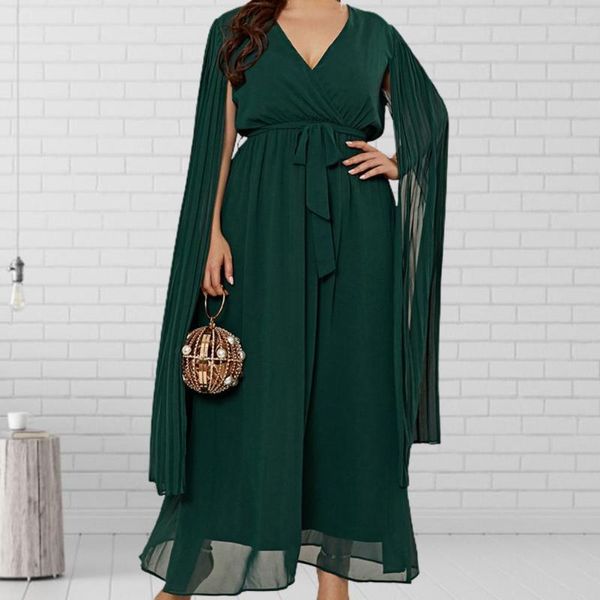 Abiti casual Favoloso abito tradizionale Profondo scollo a V Confortevole cintura con maniche a mantello Plus Size Long Evening Oversize