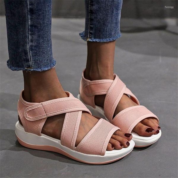 Sandalen 2022 Sommer Korean Style Modetrend Net Tuch Open Toe Sport Freizeit Medium Absatz Dicke Solted Frauenschuhe