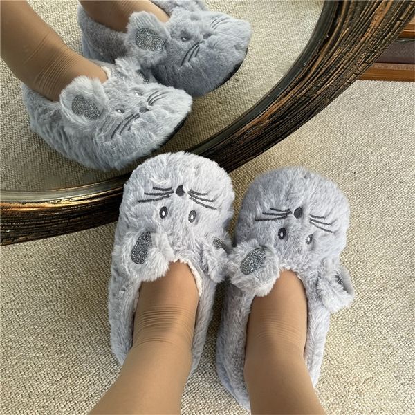 Hausschuhe Home Fuzzy Slipper Frauen Winter Pelz Contton Warm Plüsch Rutschfester Griff Indoor Fluffy Lazy Female Mouse Ears Stickerei Bodenschuh 220921