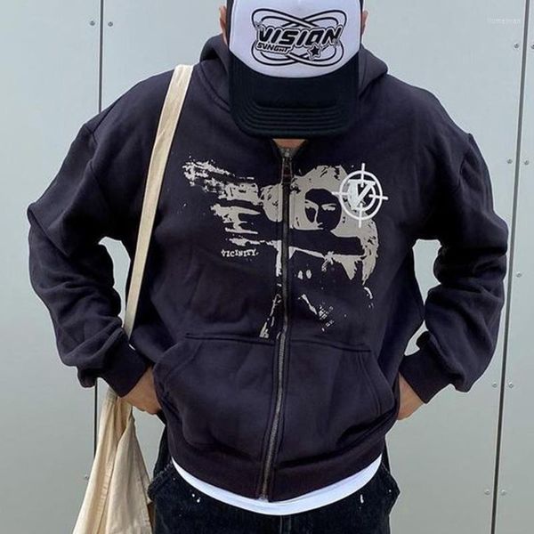 Erkek Ceket Sweatshirts Vintage Uzun Kollu Kadınlar Gotik Anime Baskılı Hoodies Zip-Up Y2K Street Giyim Erkekler Günlük Kapüşonlu Giysiler