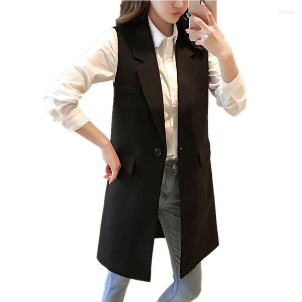 Gilet da donna Primavera Donna Moda coreana Capispalla lunga Cardigan da donna 5XL Plus Size Giacca senza maniche da donna Elegante Slim Nero