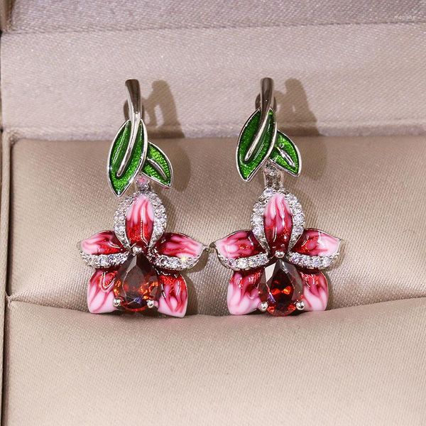 Dangle Earrings 925 Beautiful Pink Enamel Flower Small French Hook Women's Party Holiday Jewelry Drop Women
