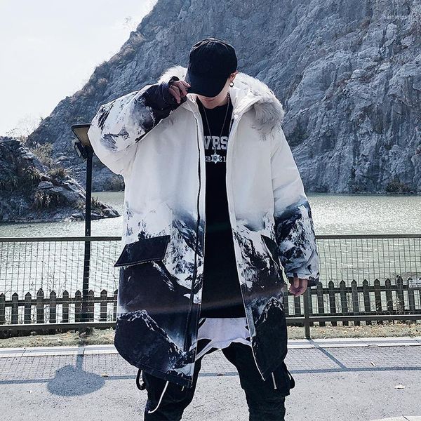 Masculino para masculino Parkas 2022 Winter Hip Hop japonês colarinho de capuz de peles longa algodão da moda de algodão casacos fora