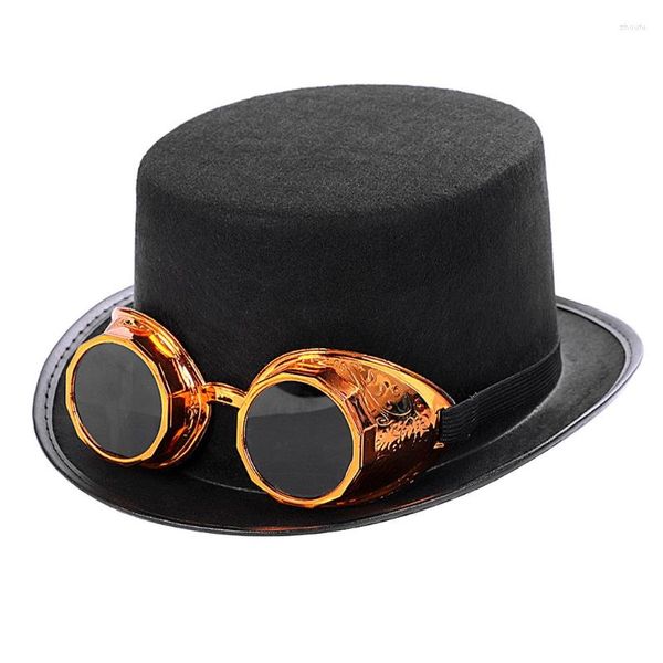 Berretti Cappello a cilindro gotico vittoriano Steampunk con occhiali staccabili Bombetta Jazz Cap Accessorio per costume di carnevale cosplay di Halloween