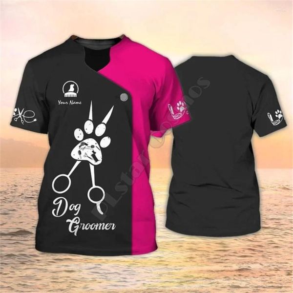 Männer T Shirts Hund Groomer Pesonalized Name Pflege Uniform Schwarz Rosa 3D Gedruckt T-shirt Streetwear Männer/Frauen Kurzarm