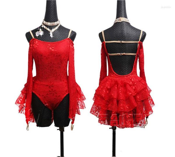 Bühnenkleidung, rote Spitze, lateinamerikanisches Tanzkleid, Damen-Wettbewerbskostüme, modische sexy Salsa-Tanzkleider, Damen-Performance-Service