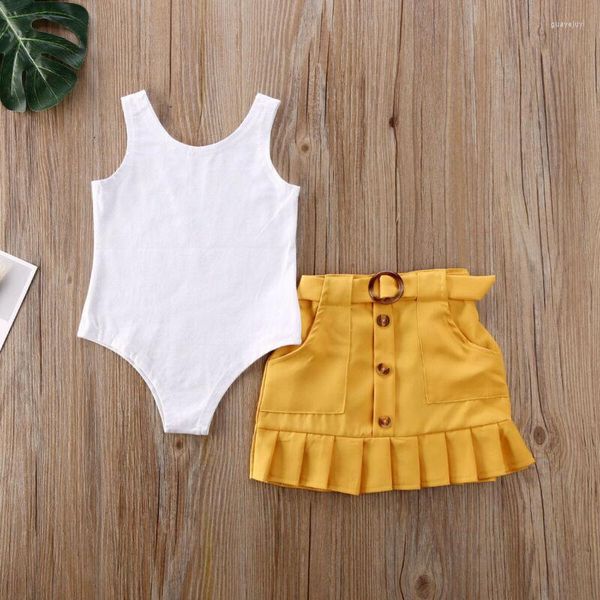 Set di abbigliamento 2PCS Toddler Kids Baby Girl Vestiti senza maniche Gilet solido Pagliaccetto Gonna a pieghe gialla Set di abiti estivi