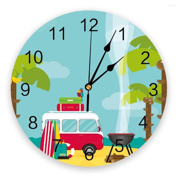 Orologi da parete Camping Car Beach Cartoon Trees Sea Orologio creativo per la decorazione di casa e ufficio Soggiorno Camera da letto Orologio da appendere per bambini