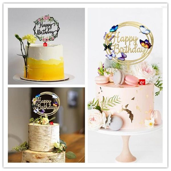 Forniture festive Buon compleanno Topper per torta in acrilico Fiore dorato Farfalla Decorazioni per feste Forniture per dessert