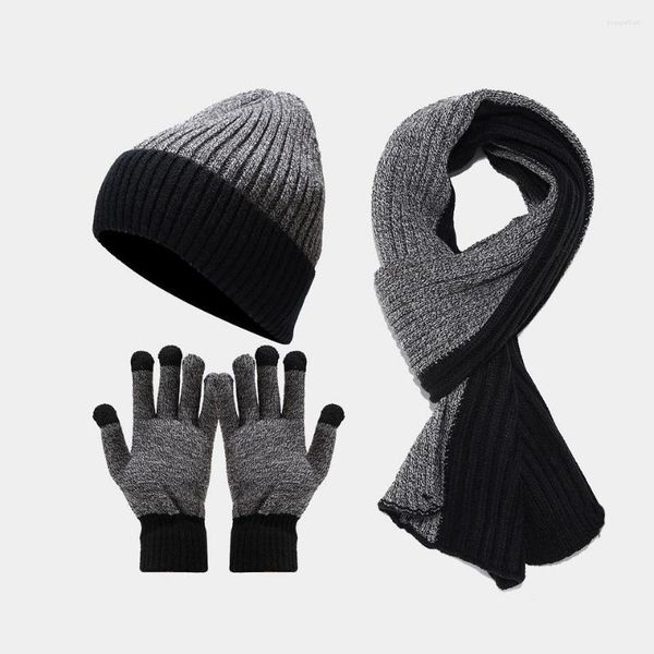 Berretti Cappello lavorato a maglia per adulti Autunno e inverno Guanti Sciarpa Set misto colore a contrasto Tempo libero all'aperto Ispessimento Caldo abito a tre pezzi