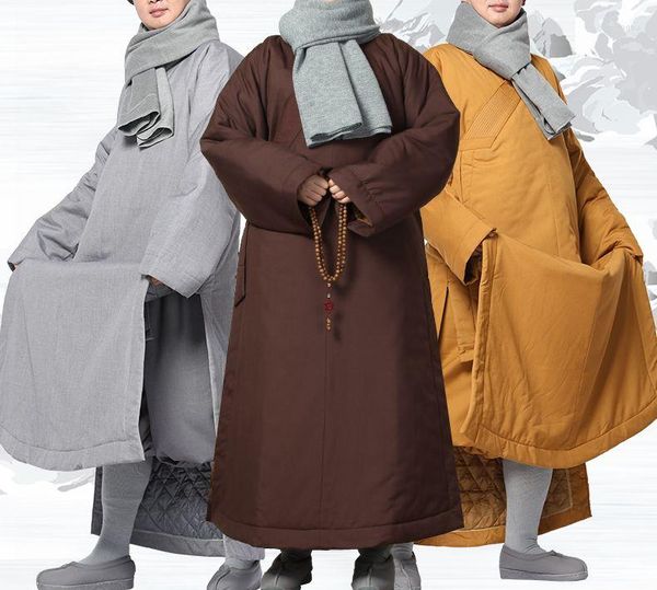 Abbigliamento etnico Unisex Inverno Caldo Cotone Caffè/grigio Buddista Zen Meditation Lay Shaolin Monk Suits Buddha Robe Gown