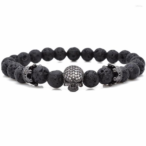 Charm Bracelets Brand Trendy Natural Beads Strand Bracelet Micro Pave CZ Skeleton Skull Black Lava Rock Stone Energy Men European Buddha