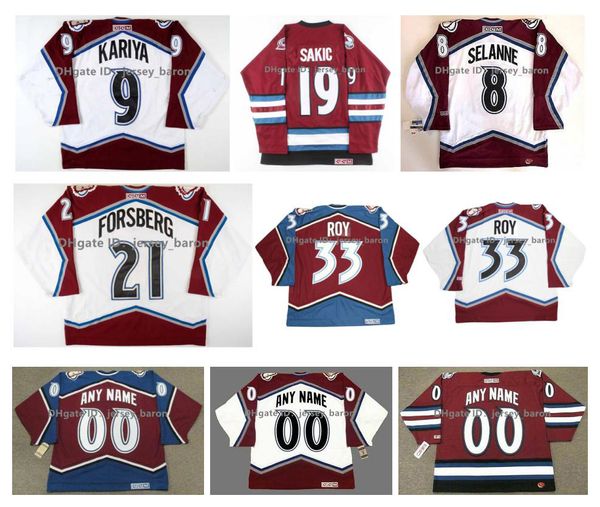 Maglia da hockey CCM Avalanche PAUL KARIYA ROB BLAKE TEEMU SELANNE THEOREN FLEURY Joe Sakic Claude Lemieux PETER FORSBERG Patrick Roy RAY BOURQUE Rosso Bianco