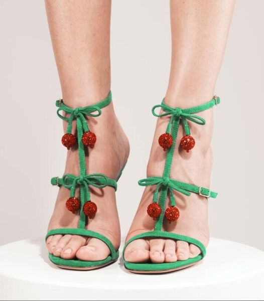 Роскошные женские сандалии высокие каблуки Aquazzuras- Cerise Sandal 105-мм модная кристальная вишня Дизайнер Сексуальная сандалия с коробкой