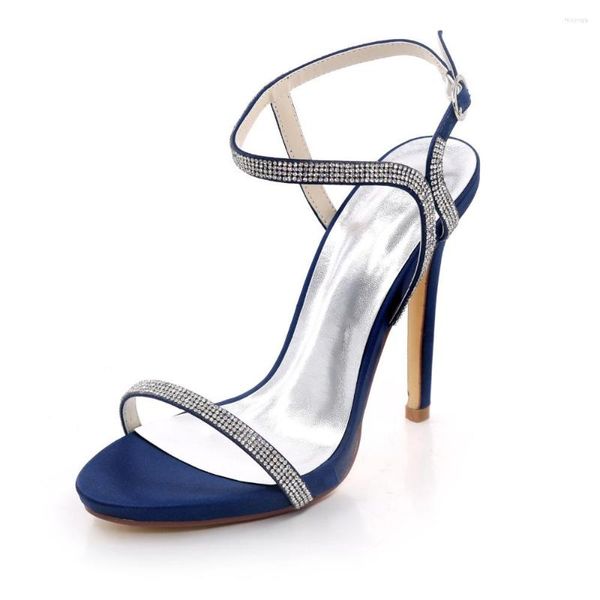 Sandals Creativeugar Design Conciso Design Sexy strass cristal banda fina Lady Satin Dress Dress Summer High Heel Sapatos Navy Blue