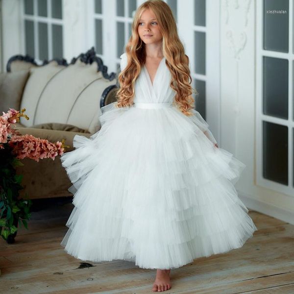 Mädchenkleider Extra Puffy Kid Tüll für den Familienlook Po Shoot V-Ausschnitt Rüschen Lagenlanges langes Blumenkleid Kleider Hochzeit