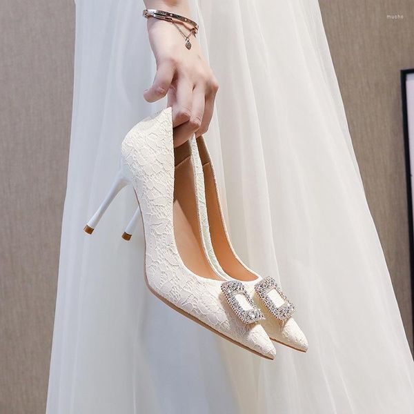 Sapatos de vestido 31-43 White Wedding Wedding Rhinestone Saltos altos Ponto Mulheres da noiva Bombas vermelhas Stiletto