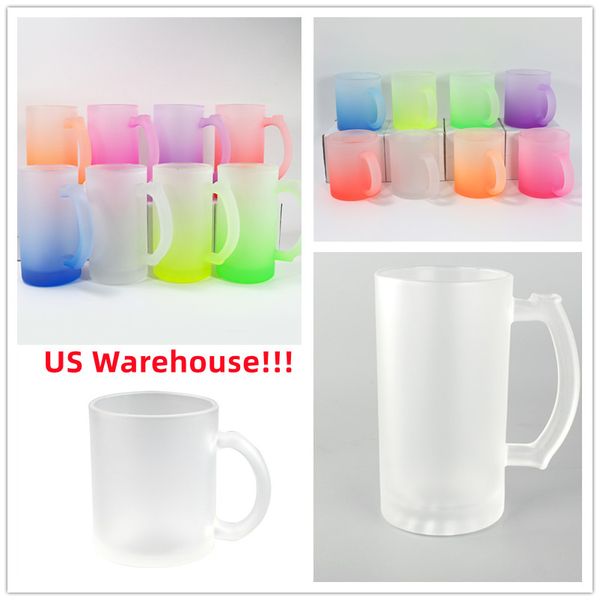 US-Lager 11 Unzen 16 Unzen Sublimationsgläser Becher Weingläser mit Farbverlauf Wärmeübertragungsdruck Milchbecher Transparenter Glasbecher mit Griff