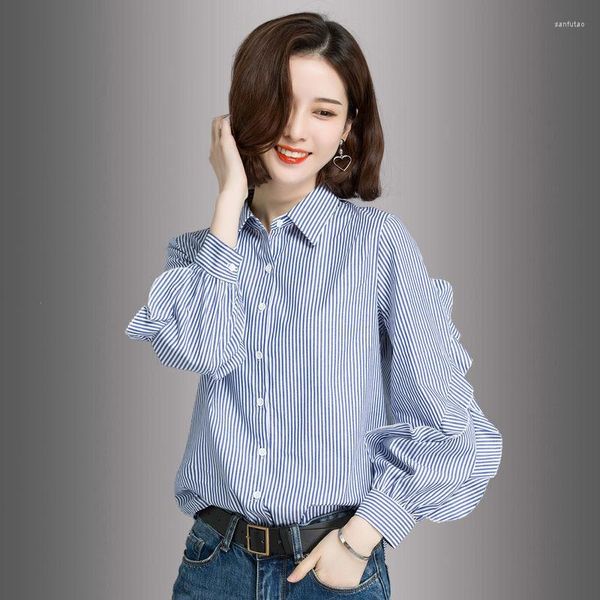 Blouses femininas 2022 Spring Office Ladies Listradas Mulheres Tops Manga de borboleta Camisas femininas soltas chiffon elegante BLUSAS MUJER B241