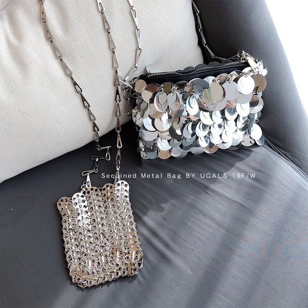 Серебряная блестящая сумка для мессенджера женщин вручную сплетен все с блестками цепные сумки для женского телефона.