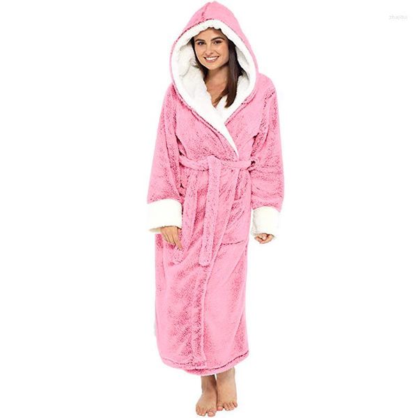 Indumenti da notte da donna Accappatoio da donna da donna Camicia da notte Spessa e calda Veste invernale Unisex Pigiama di peluche Rosa con cappello Bagno di flanella