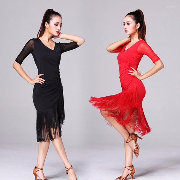 Stage Wear 2022 Latin Dance Dress Women Women Black Costumes Tassel Salsa V-Neck Rumba/Samba Perform Fitness Dancewear