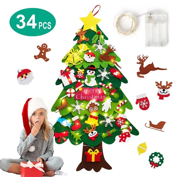 Decorações de Natal Felava a Árvore de Natal de 32 pés de parede DIY pendurada com 34 pcs ornamentos e 50 LEDs Luzes de cordas Decoração de Natal para crianças 220921