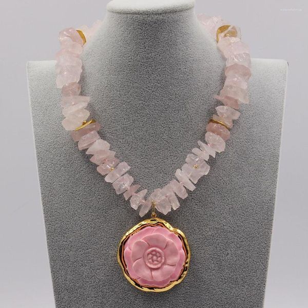 Anhänger Halsketten GuaiGuai Schmuck Natürliche Rosenquarz Raue Rohe Halskette Rosa Vergoldet Türkise Blume Handgemacht Für Frauen