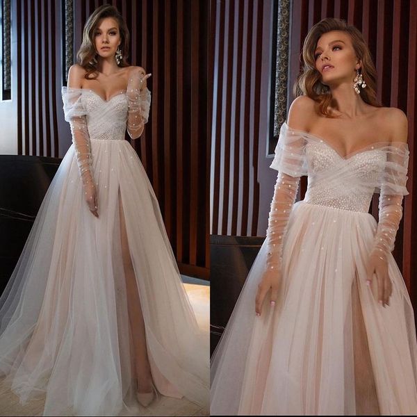 Einfaches A-Linien-Hochzeitskleid, elegant, schulterfrei, geschwollene Brautkleider, langärmelig, hoch gespalten, Robe De Soiree
