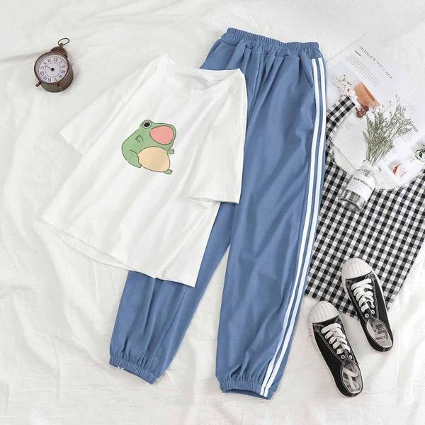 Pantaloni a due pezzi da donna 2 set Completi da donna Summer Cartoon Suit Kawaii Frog Stile coreano Top e pantaloni Set Pantaloni sportivi Tute da donna