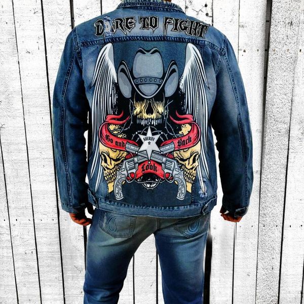 Jackets masculinos outono masculino e inverno -vendedora de motocicleta de jeans de jeans dupla pistola de personalidade de impressão de jaqueta rasgada