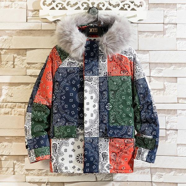 Herren-Daunen-Parkas für Herren, schöne dicke warme Herren-Winterjacke, Parka, lässig, lose Windjacke, Harajuku-Herren-Übergroße-Mäntel mit Kapuze, Patch