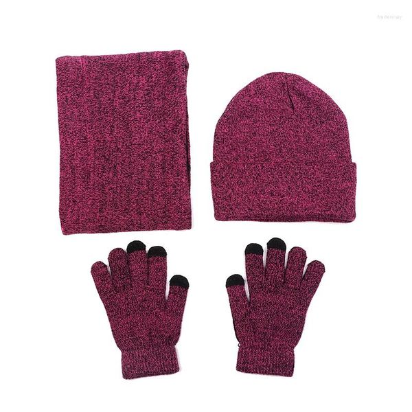 Berretti Foderati In Pile Caldo Inverno Lavorato A Maglia Uomo Donna Cappello Guanti Set Sciarpa Ad Anello Grigio Vino Rosso