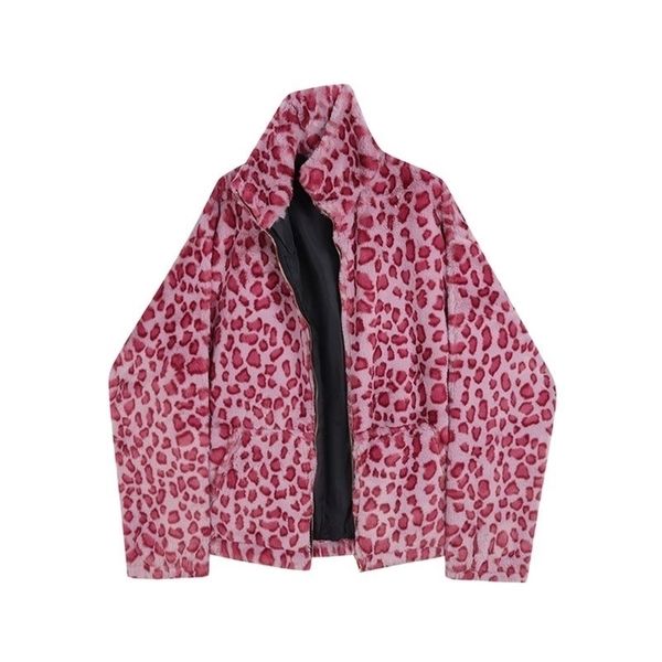 Mulheres jaquetas mulheres rosa leopardo cordeiro lã algodão acolchoado jaqueta zíperes senhoras moda coreana solta quente casual casacos inverno outwear 220921