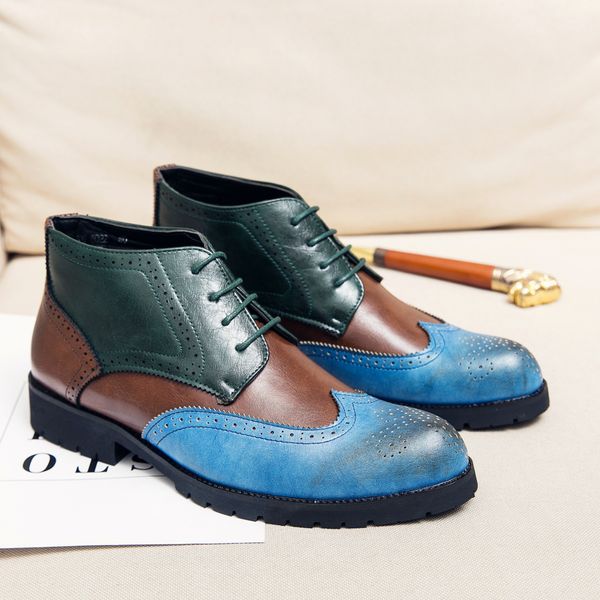 Brogue ayak bileği botları erkek ayakkabı renk bloğu pu kare hareketli ayak parkurlu dantel rahat moda iş partisi ad182