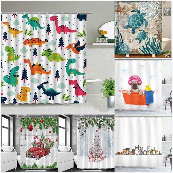 Cortinas de chuveiro Cartoon Animal Cachorro Dinosaur Turtle Christmas Pine Tree Truck Kids Decoração de casa Curma