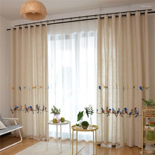 Cortinas de cortina com tecido de pássaro bordado de tule para sala de estar para linho de linho sólido